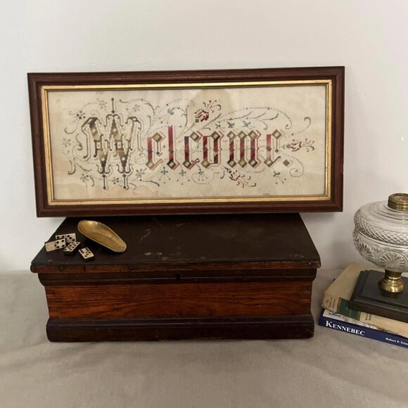Antique Paper Punch Embroidery Victorian Motto Welcome Framed - Picture 3 of 7